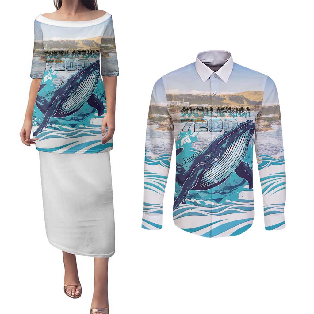 Personalized South Africa Whale Couples Matching Puletasi and Long Sleeve Button Shirt Hermanus Fest - Wonder Print Shop