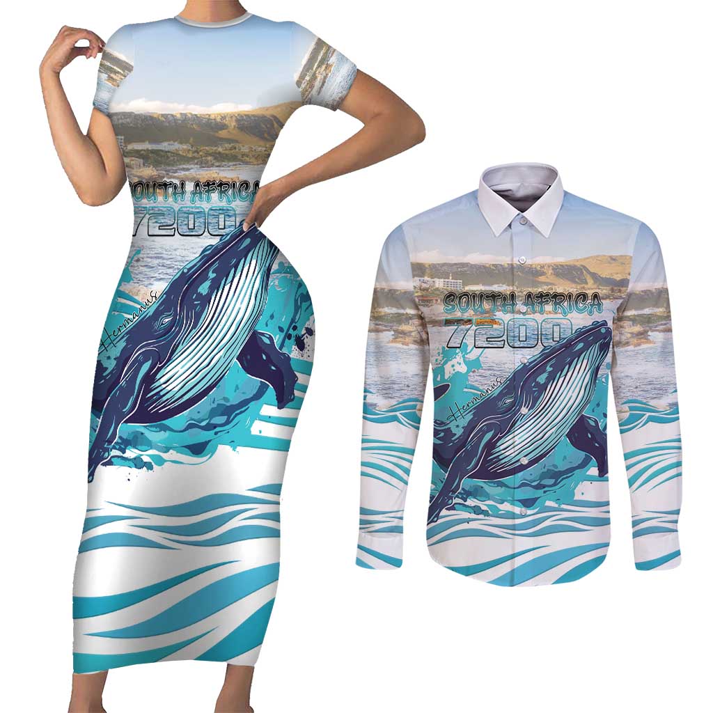 Personalized South Africa Whale Couples Matching Short Sleeve Bodycon Dress and Long Sleeve Button Shirt Hermanus Fest - Wonder Print Shop