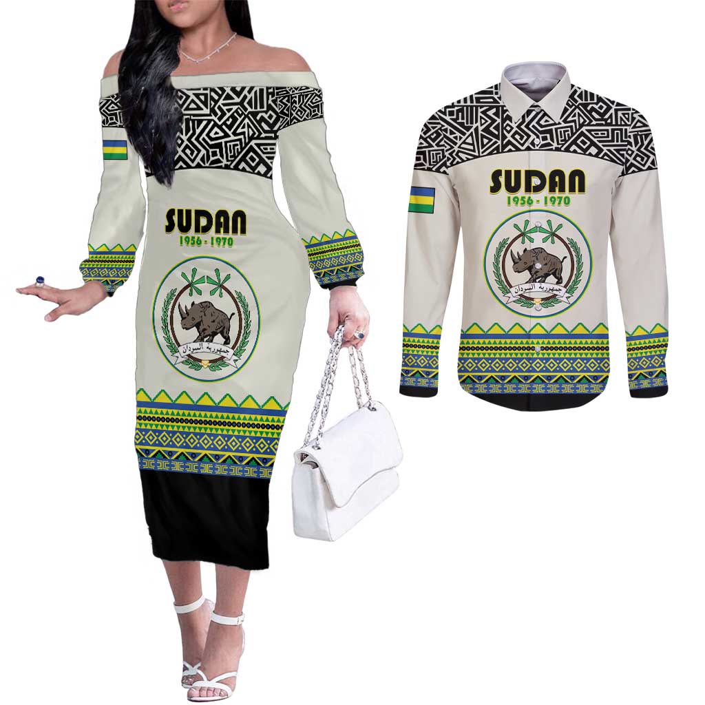 Personalized Sudan 1956-1970 Couples Matching Off The Shoulder Long Sleeve Dress and Long Sleeve Button Shirt With African Pattern - Wonder Print Shop