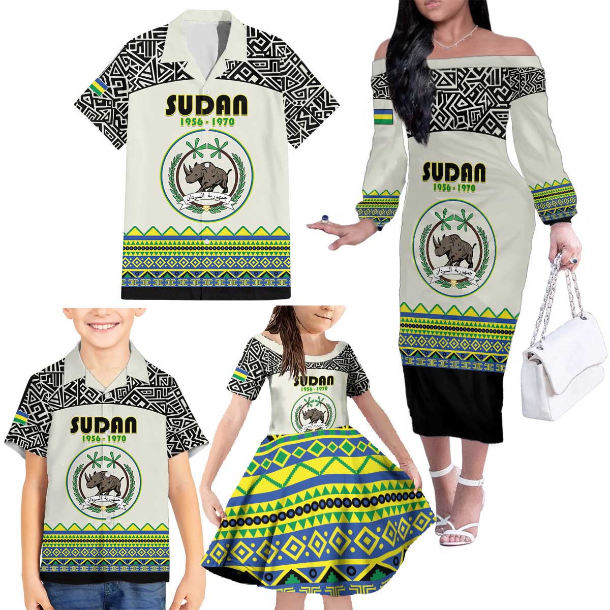 Personalized Sudan 1956-1970 Family Matching Off The Shoulder Long Sleeve Dress and Hawaiian Shirt With African Pattern - Wonder Print Shop