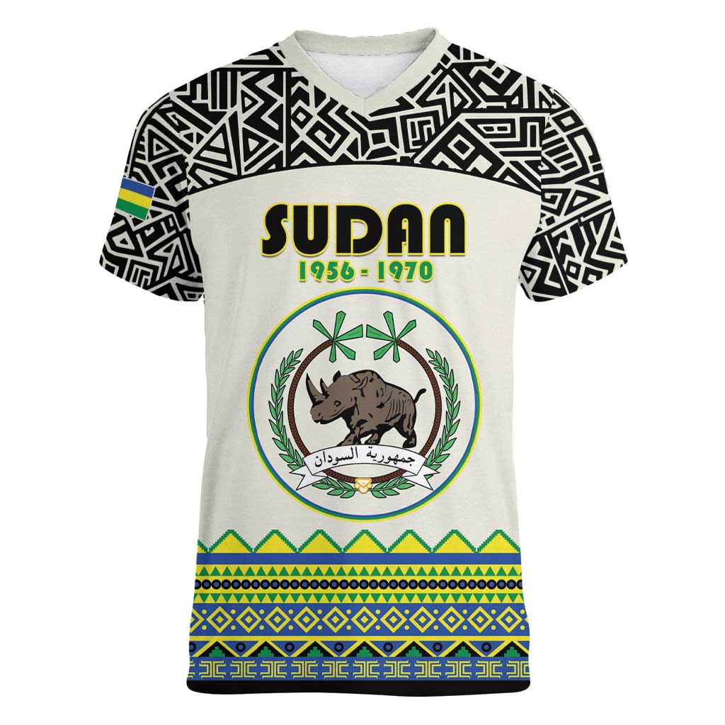 Personalized Sudan 1956-1970 Women V-Neck T-Shirt With African Pattern - Wonder Print Shop