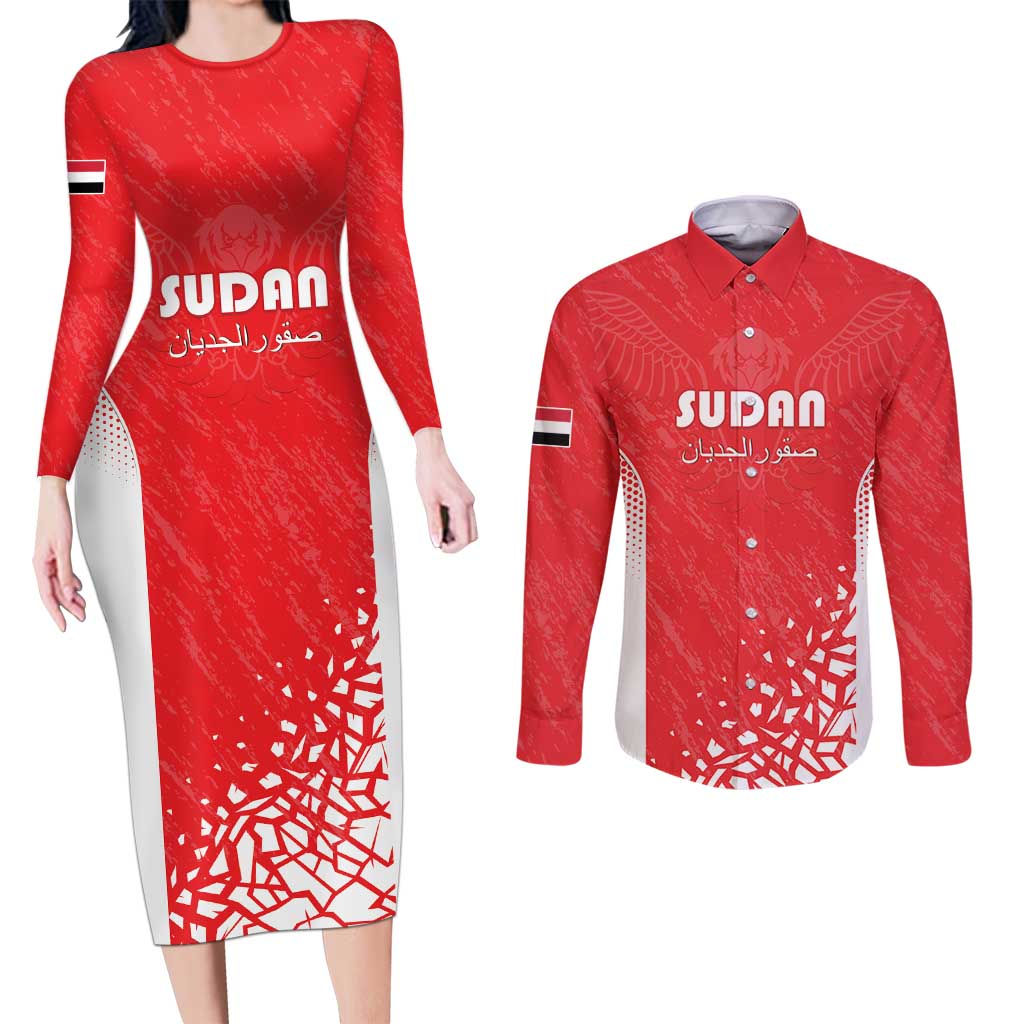 Custom Sudan Football Couples Matching Long Sleeve Bodycon Dress and Long Sleeve Button Shirt Come On Falcons of Jediane - Wonder Print Shop