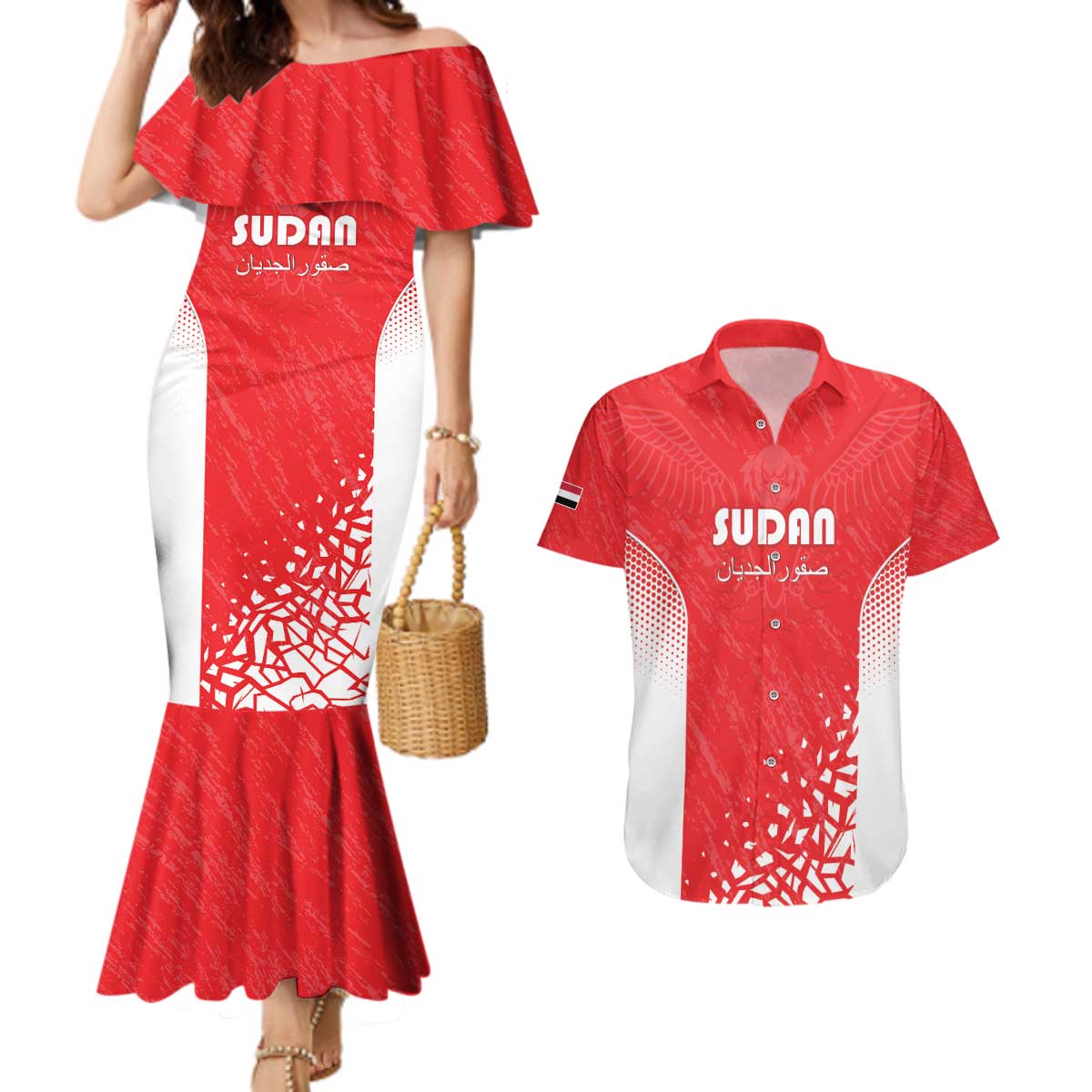 Custom Sudan Football Couples Matching Mermaid Dress and Hawaiian Shirt Come On Falcons of Jediane - Wonder Print Shop