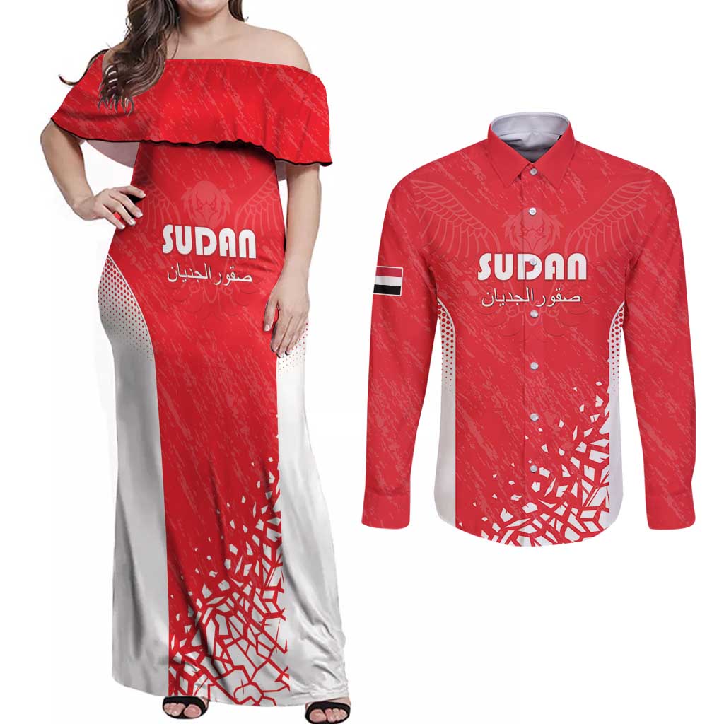 Custom Sudan Football Couples Matching Off Shoulder Maxi Dress and Long Sleeve Button Shirt Come On Falcons of Jediane - Wonder Print Shop