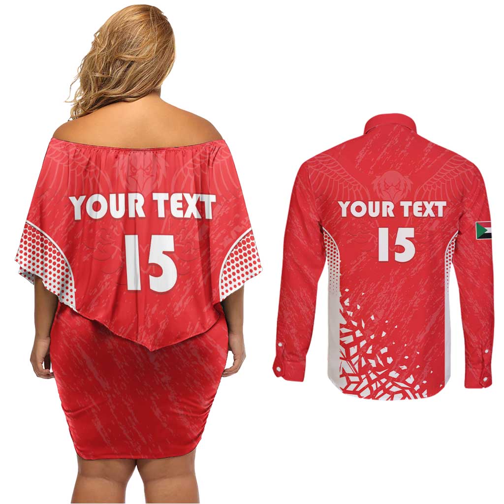 Custom Sudan Football Couples Matching Off Shoulder Short Dress and Long Sleeve Button Shirt Come On Falcons of Jediane - Wonder Print Shop