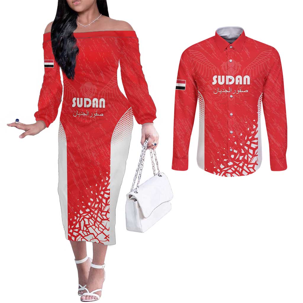 Custom Sudan Football Couples Matching Off The Shoulder Long Sleeve Dress and Long Sleeve Button Shirt Come On Falcons of Jediane - Wonder Print Shop