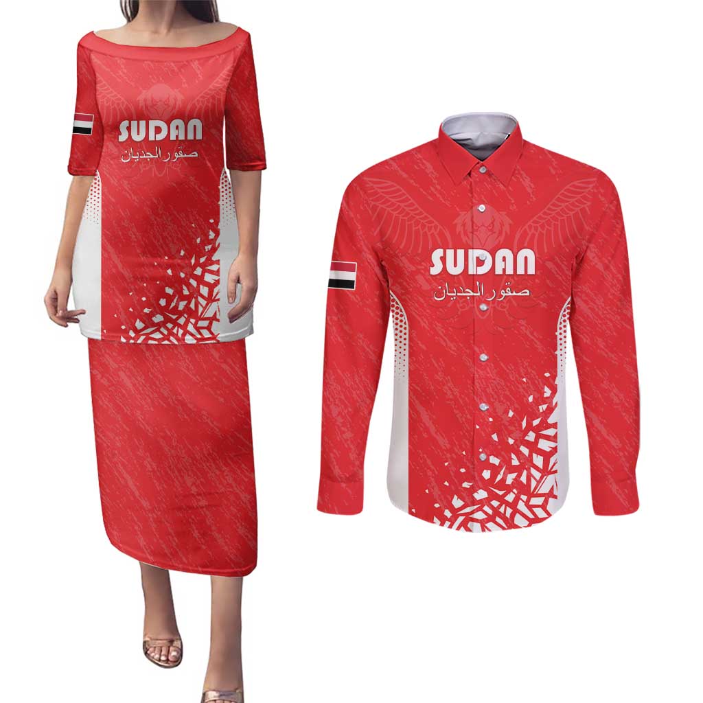 Custom Sudan Football Couples Matching Puletasi and Long Sleeve Button Shirt Come On Falcons of Jediane - Wonder Print Shop