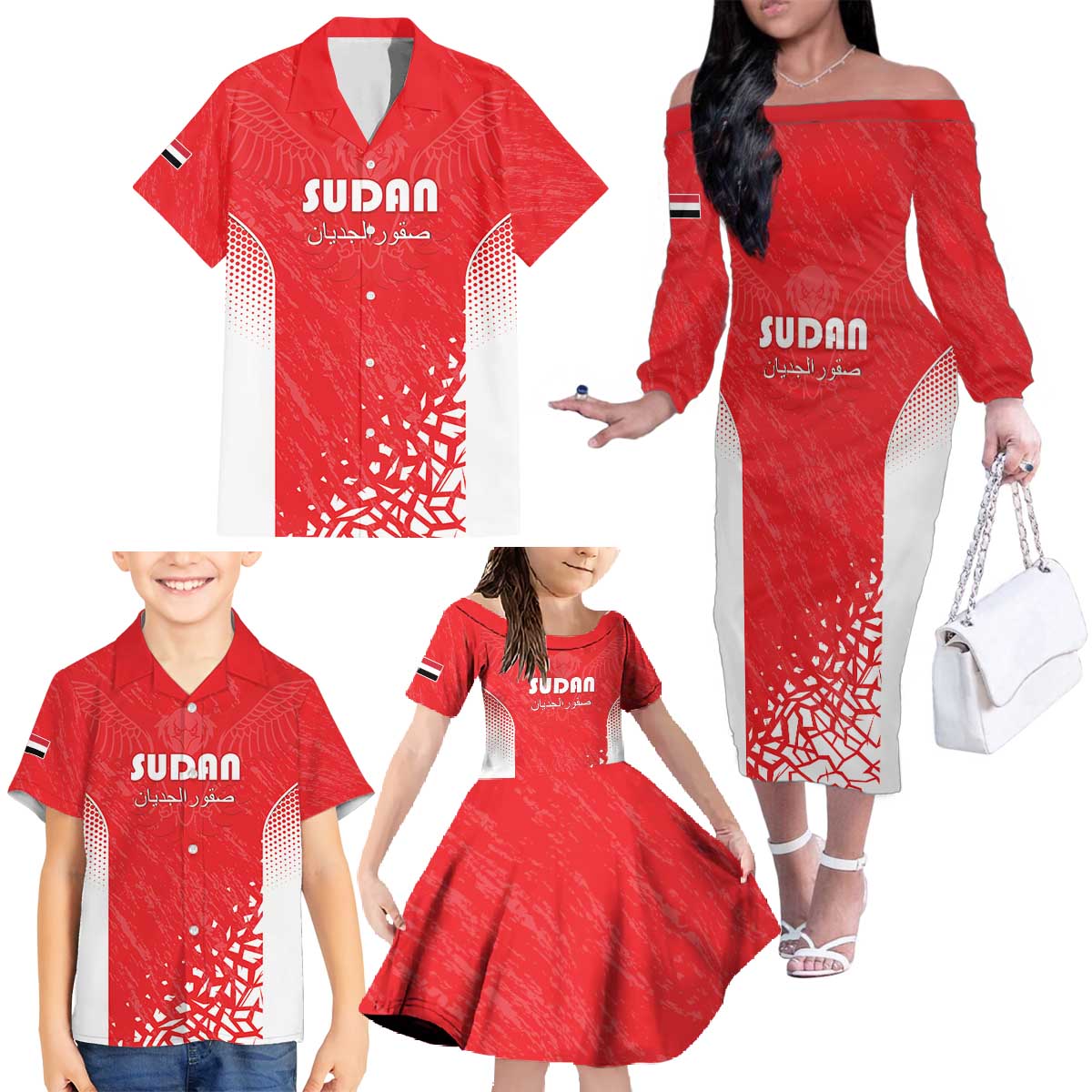 Custom Sudan Football Family Matching Off The Shoulder Long Sleeve Dress and Hawaiian Shirt Come On Falcons of Jediane - Wonder Print Shop