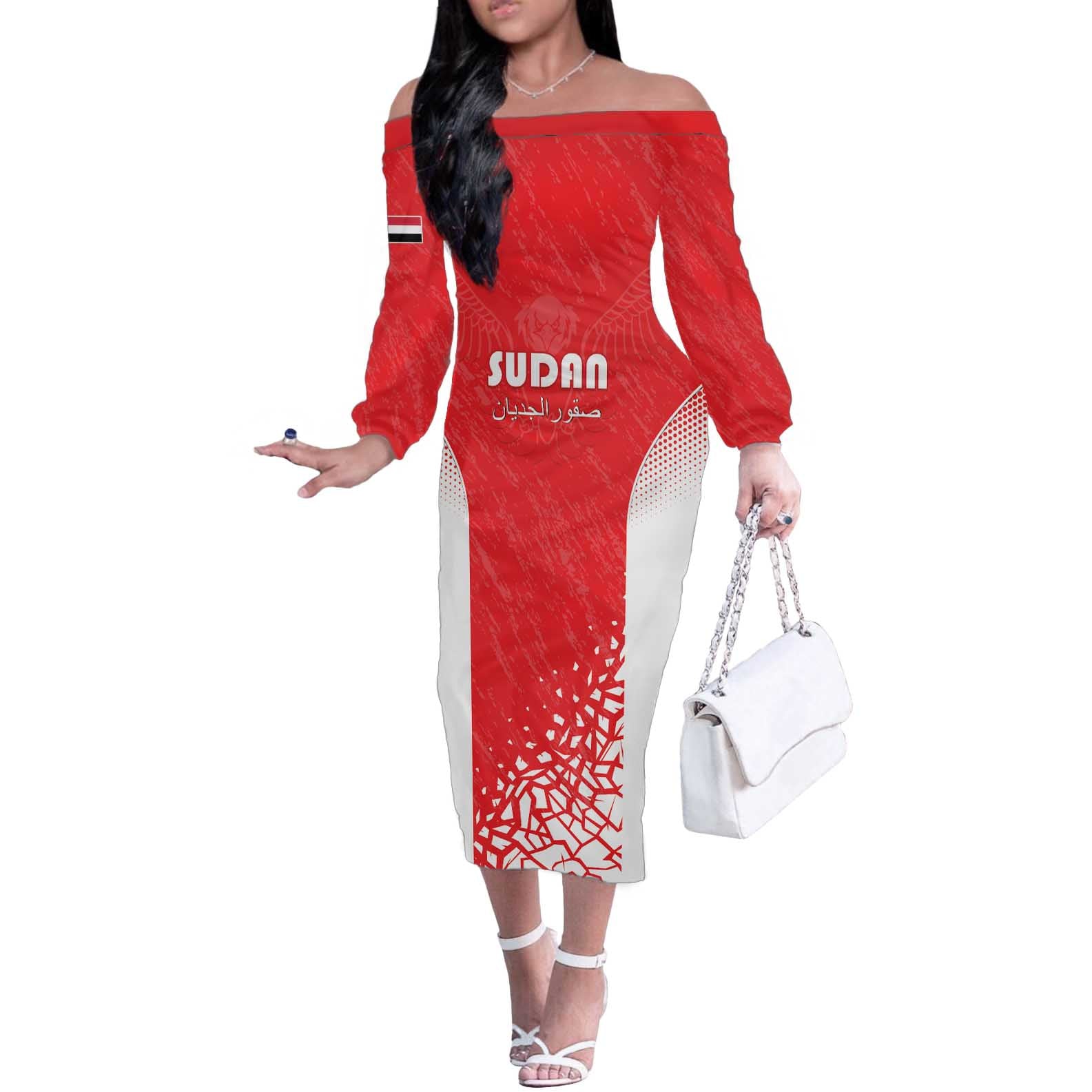 Custom Sudan Football Off The Shoulder Long Sleeve Dress Come On Falcons of Jediane - Wonder Print Shop