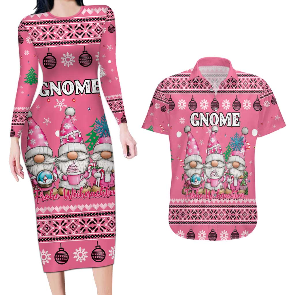 Personalised Germany Christmas Couples Matching Long Sleeve Bodycon Dress and Hawaiian Shirt Cute Pink Gnome Frohe Weihnachten - Wonder Print Shop