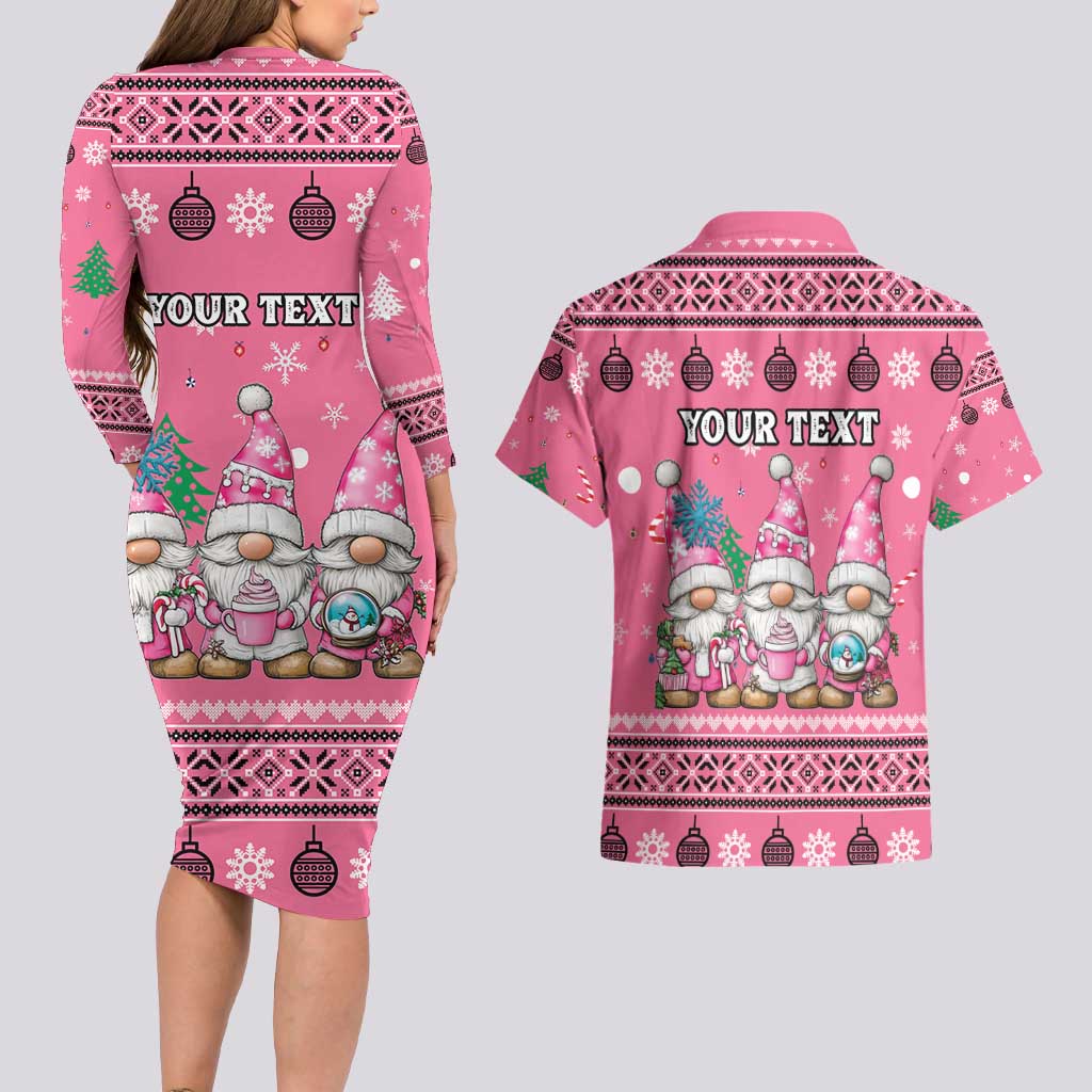 Personalised Germany Christmas Couples Matching Long Sleeve Bodycon Dress and Hawaiian Shirt Cute Pink Gnome Frohe Weihnachten - Wonder Print Shop