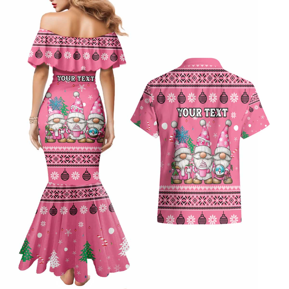 Personalised Germany Christmas Couples Matching Mermaid Dress and Hawaiian Shirt Cute Pink Gnome Frohe Weihnachten - Wonder Print Shop