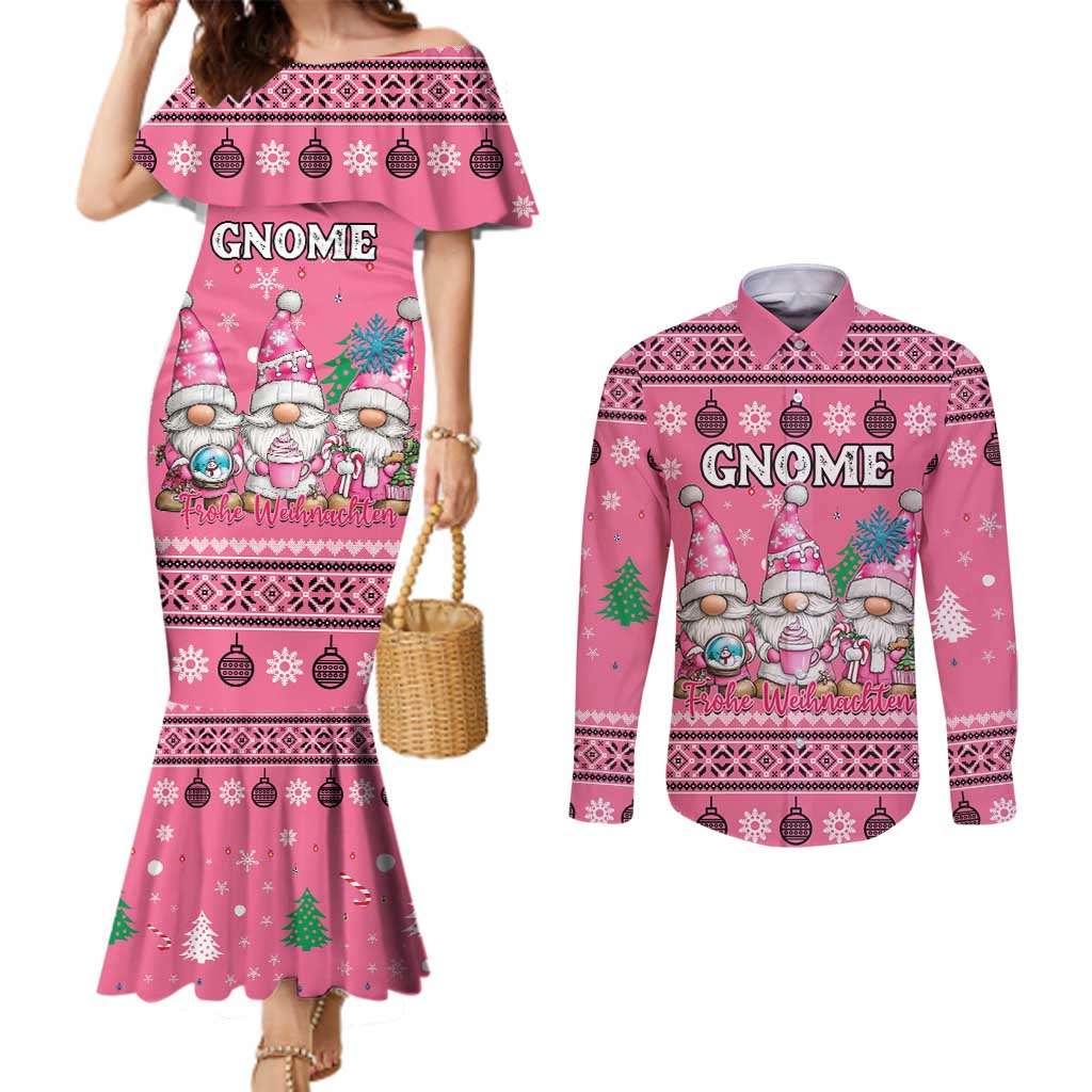 Personalised Germany Christmas Couples Matching Mermaid Dress and Long Sleeve Button Shirt Cute Pink Gnome Frohe Weihnachten