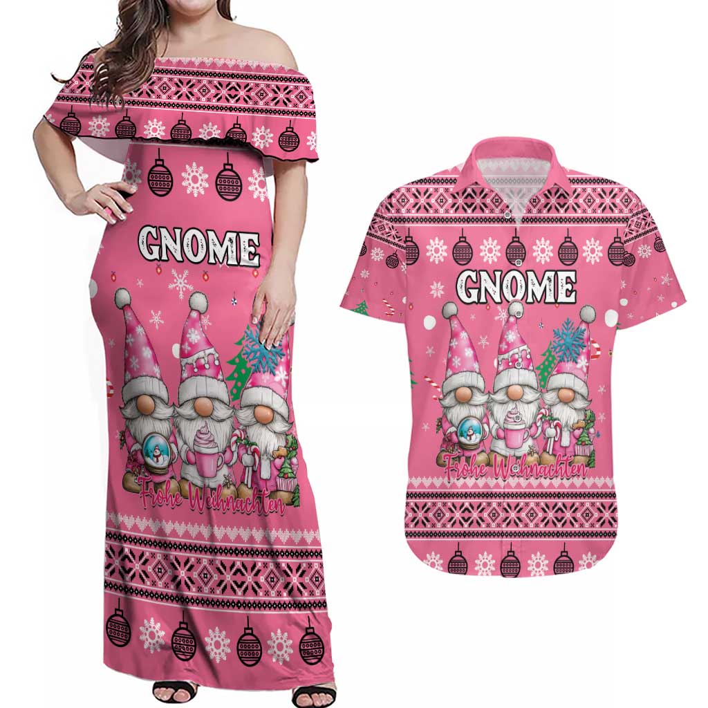 Personalised Germany Christmas Couples Matching Off Shoulder Maxi Dress and Hawaiian Shirt Cute Pink Gnome Frohe Weihnachten - Wonder Print Shop