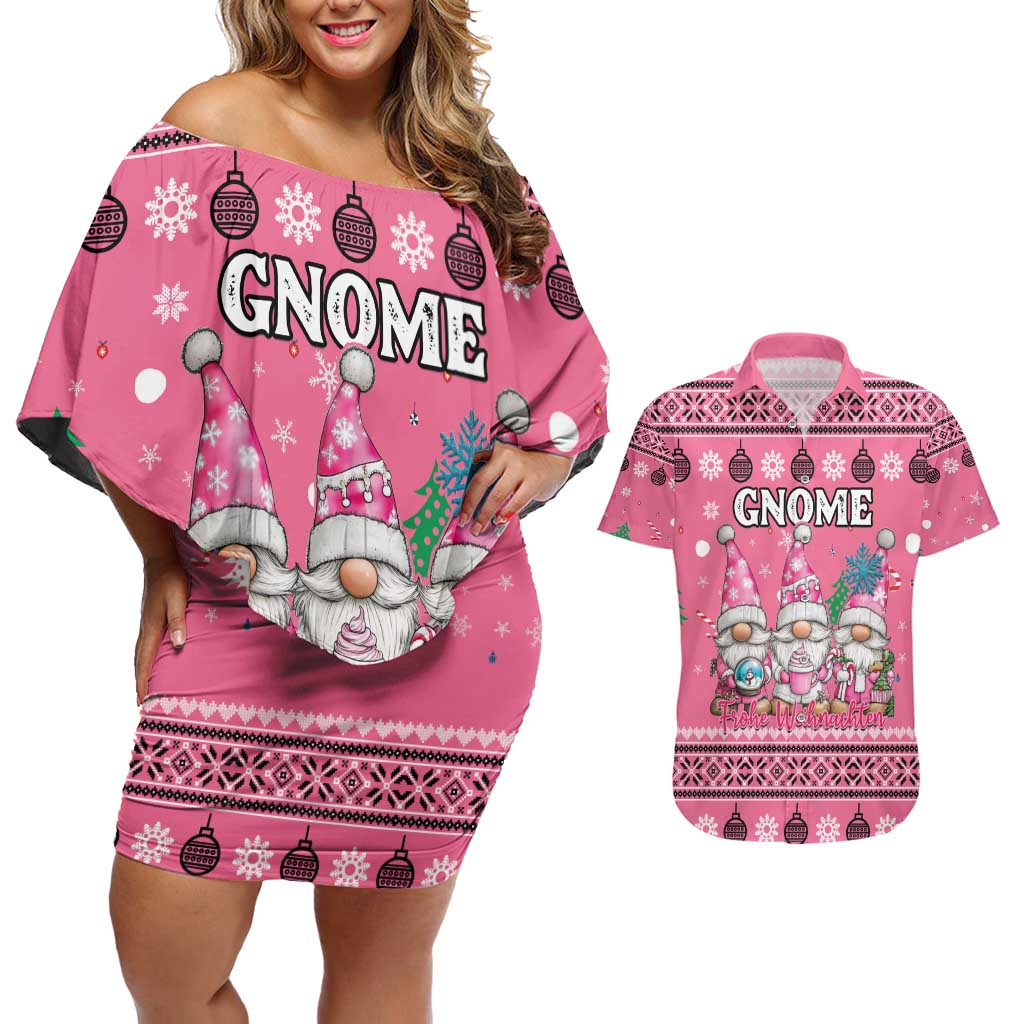 Personalised Germany Christmas Couples Matching Off Shoulder Short Dress and Hawaiian Shirt Cute Pink Gnome Frohe Weihnachten - Wonder Print Shop