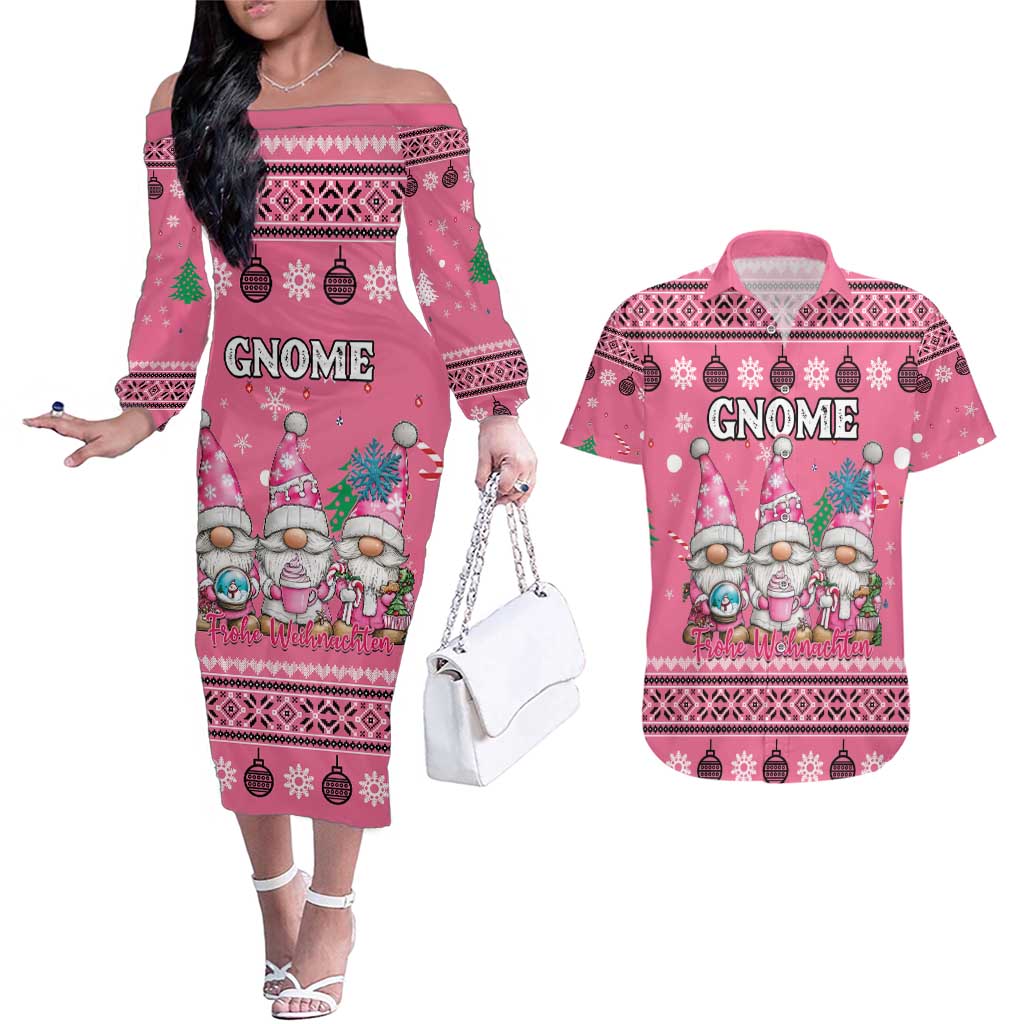 Personalised Germany Christmas Couples Matching Off The Shoulder Long Sleeve Dress and Hawaiian Shirt Cute Pink Gnome Frohe Weihnachten - Wonder Print Shop