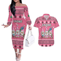 Personalised Germany Christmas Couples Matching Off The Shoulder Long Sleeve Dress and Hawaiian Shirt Cute Pink Gnome Frohe Weihnachten - Wonder Print Shop