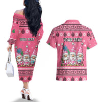 Personalised Germany Christmas Couples Matching Off The Shoulder Long Sleeve Dress and Hawaiian Shirt Cute Pink Gnome Frohe Weihnachten - Wonder Print Shop