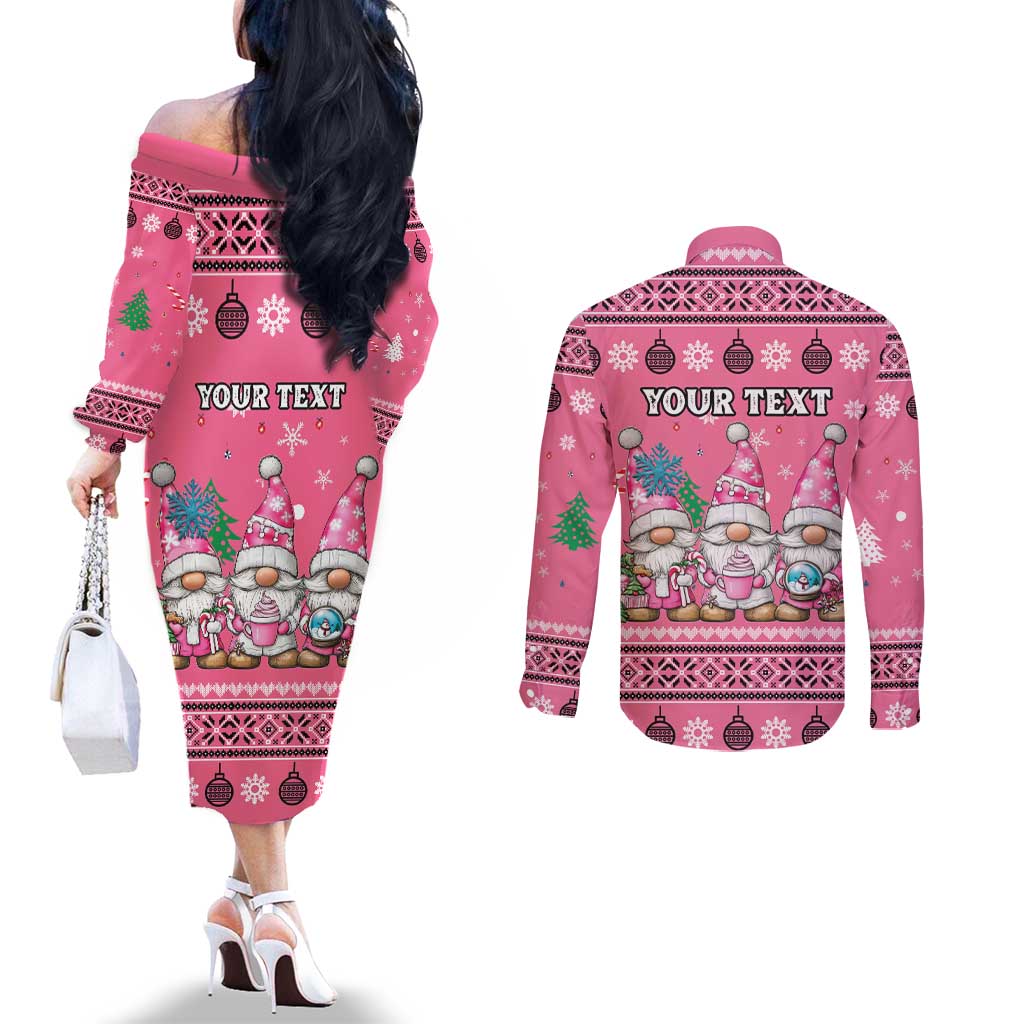 Personalised Germany Christmas Couples Matching Off The Shoulder Long Sleeve Dress and Long Sleeve Button Shirt Cute Pink Gnome Frohe Weihnachten
