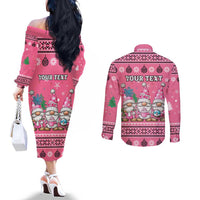 Personalised Germany Christmas Couples Matching Off The Shoulder Long Sleeve Dress and Long Sleeve Button Shirt Cute Pink Gnome Frohe Weihnachten