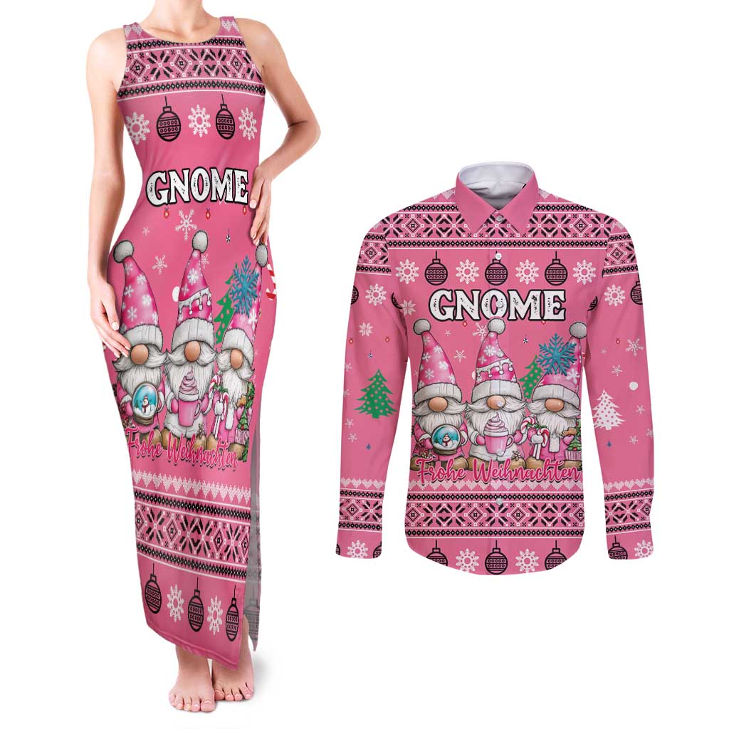 Personalised Germany Christmas Couples Matching Tank Maxi Dress and Long Sleeve Button Shirt Cute Pink Gnome Frohe Weihnachten - Wonder Print Shop