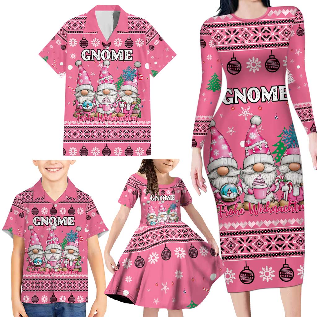 Personalised Germany Christmas Family Matching Long Sleeve Bodycon Dress and Hawaiian Shirt Cute Pink Gnome Frohe Weihnachten - Wonder Print Shop