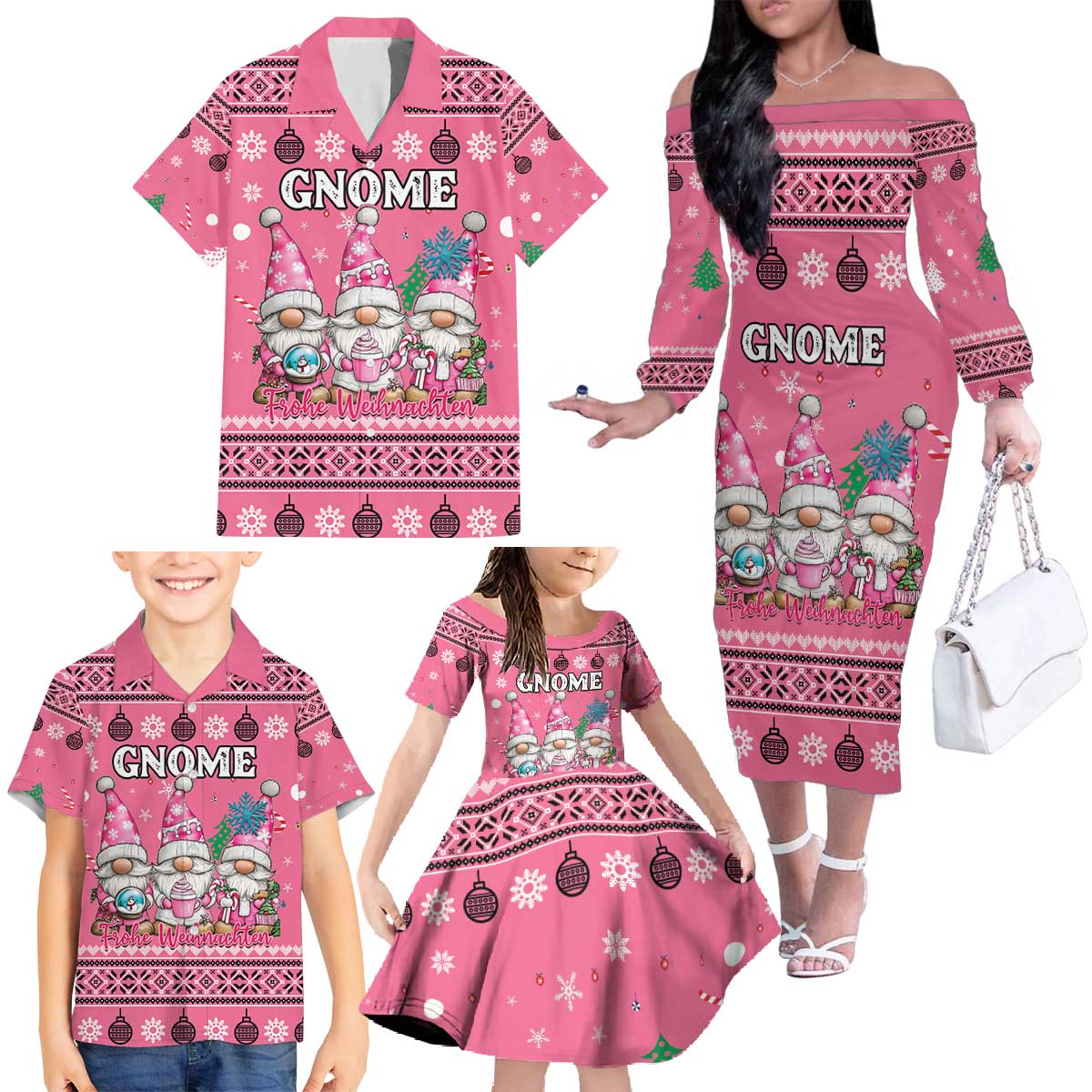 Personalised Germany Christmas Family Matching Off The Shoulder Long Sleeve Dress and Hawaiian Shirt Cute Pink Gnome Frohe Weihnachten - Wonder Print Shop