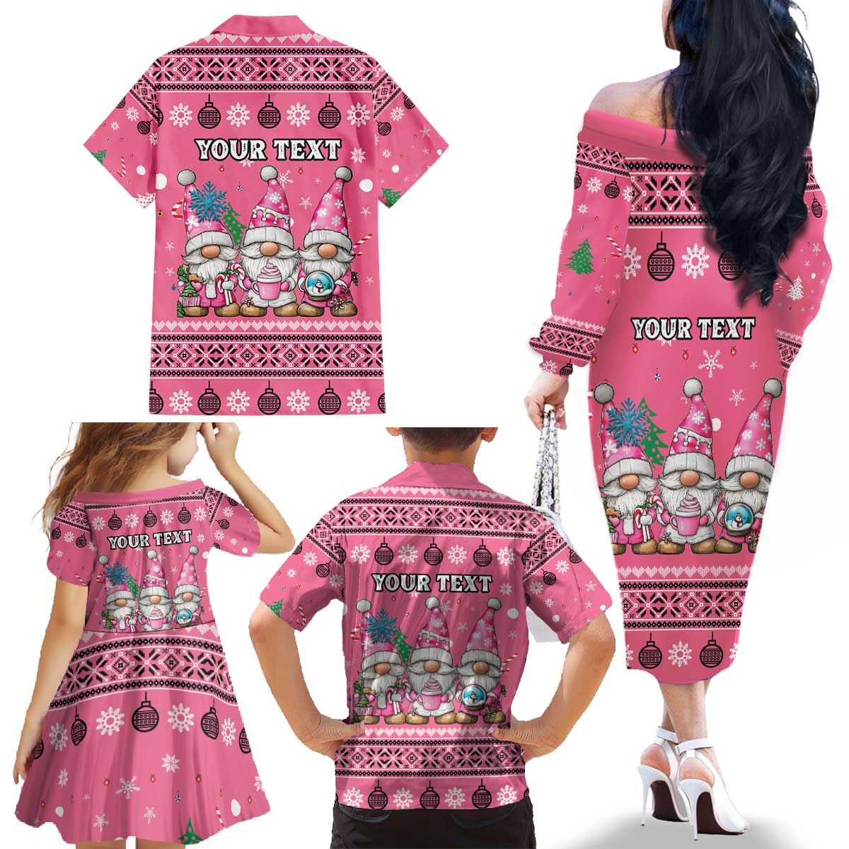 Personalised Germany Christmas Family Matching Off The Shoulder Long Sleeve Dress and Hawaiian Shirt Cute Pink Gnome Frohe Weihnachten - Wonder Print Shop