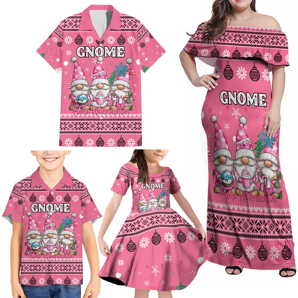 Personalised Germany Christmas Family Matching Off Shoulder Maxi Dress and Hawaiian Shirt Cute Pink Gnome Frohe Weihnachten - Wonder Print Shop