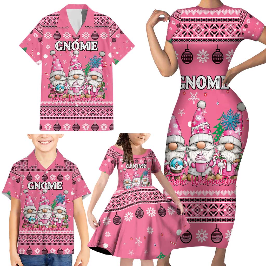 Personalised Germany Christmas Family Matching Short Sleeve Bodycon Dress and Hawaiian Shirt Cute Pink Gnome Frohe Weihnachten - Wonder Print Shop