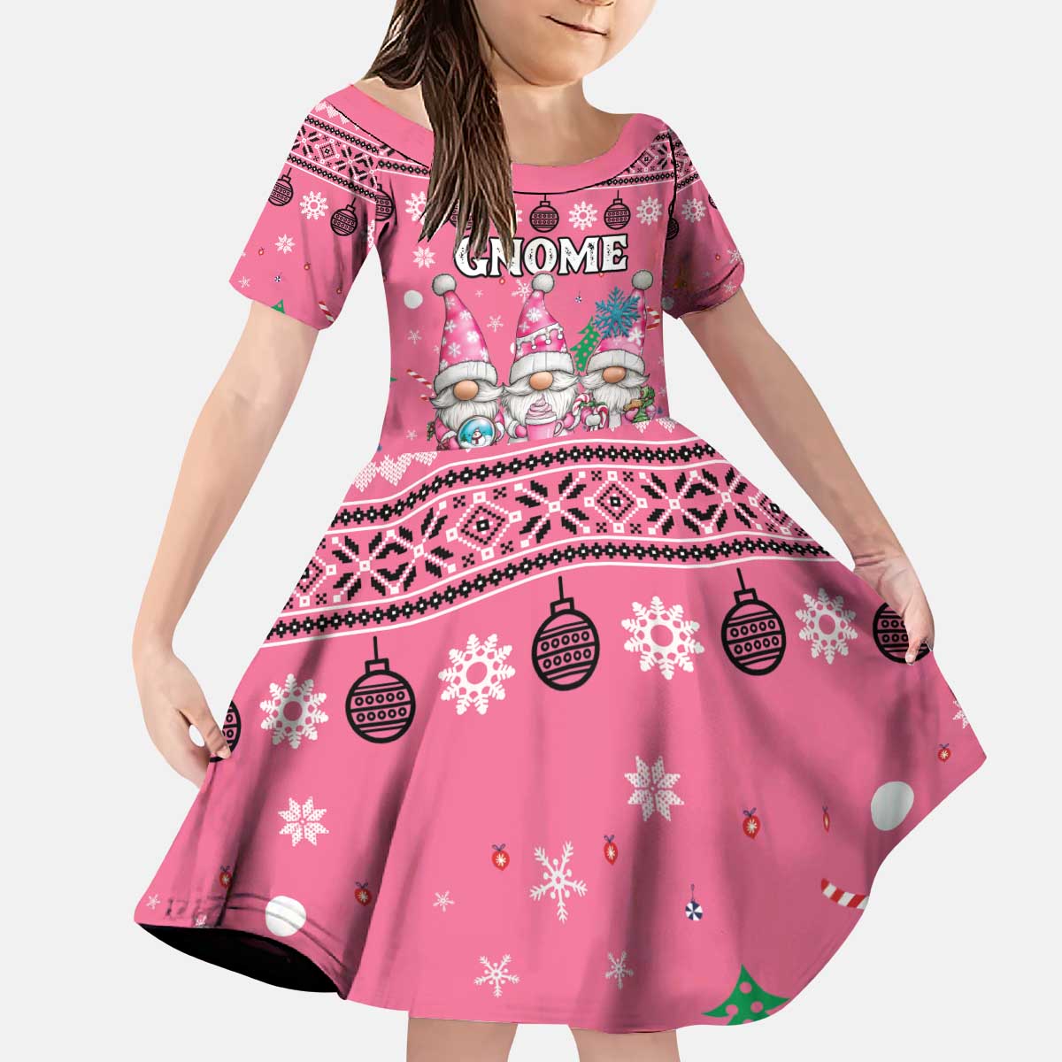 Personalised Germany Christmas Kid Short Sleeve Dress Cute Pink Gnome Frohe Weihnachten - Wonder Print Shop