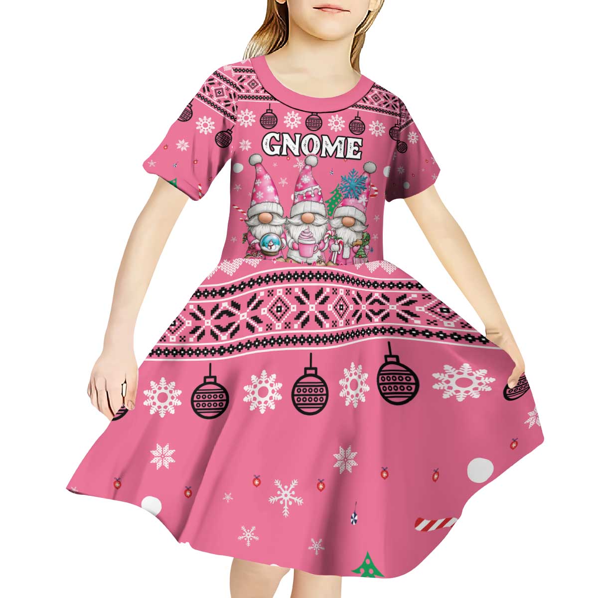 Personalised Germany Christmas Kid Short Sleeve Dress Cute Pink Gnome Frohe Weihnachten - Wonder Print Shop