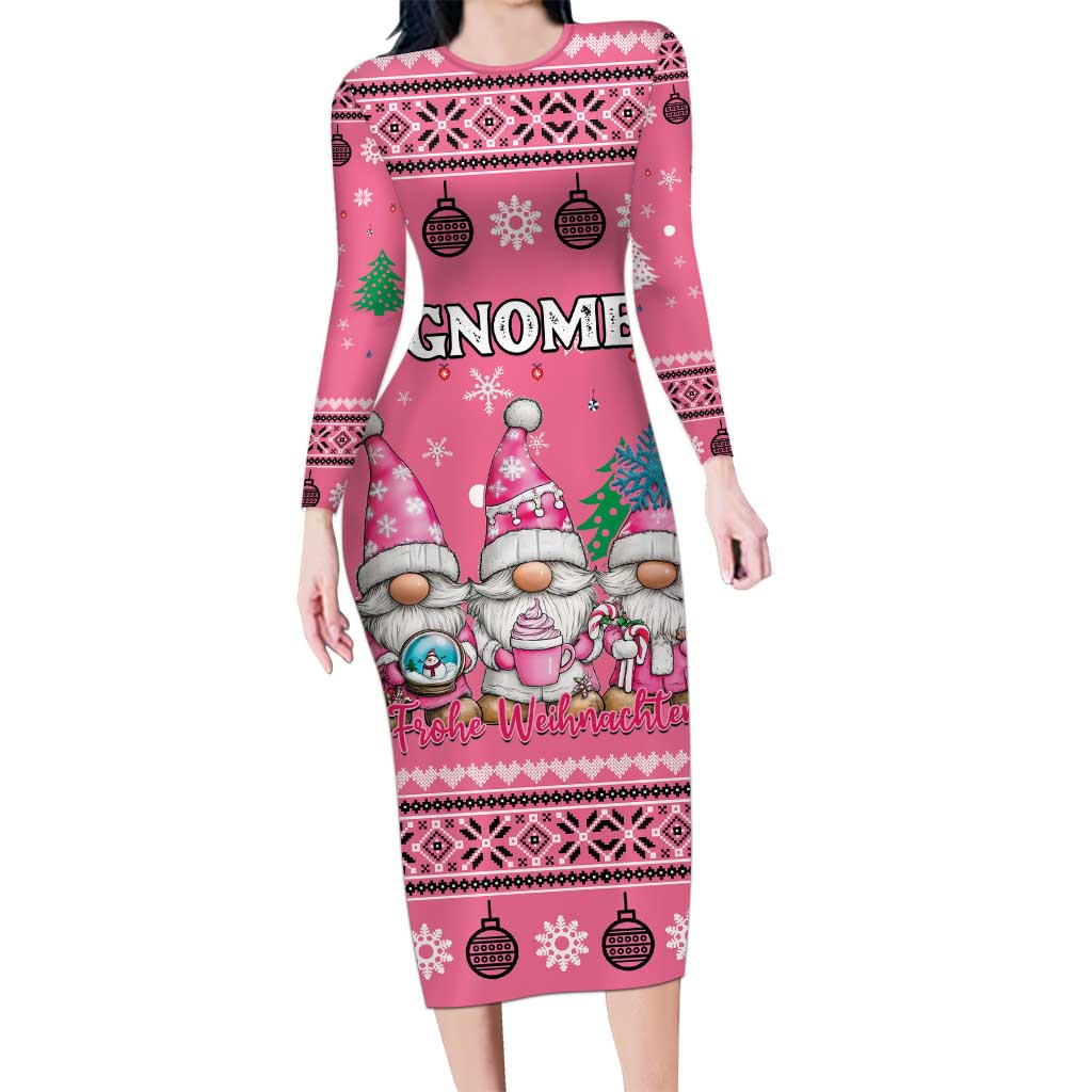 Personalised Germany Christmas Long Sleeve Bodycon Dress Cute Pink Gnome Frohe Weihnachten - Wonder Print Shop