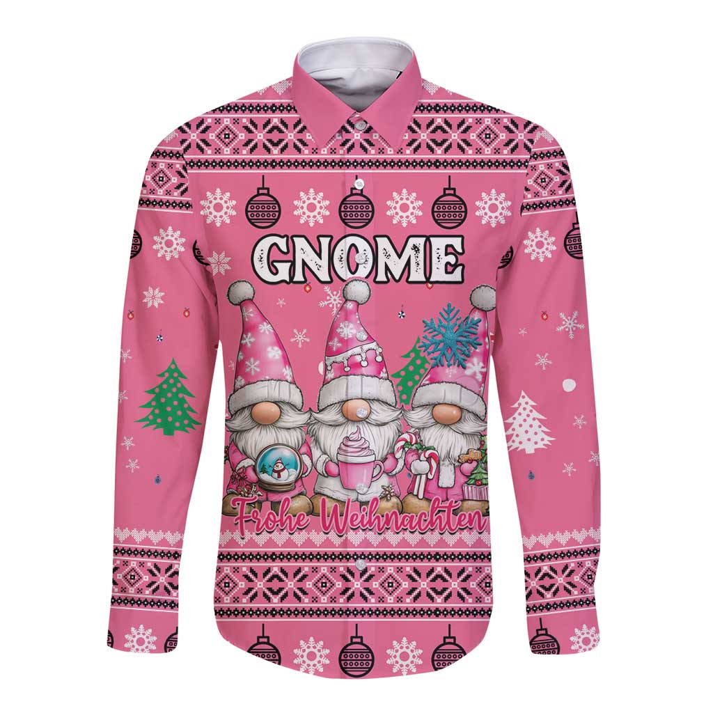 Personalised Germany Christmas Long Sleeve Button Shirt Cute Pink Gnome Frohe Weihnachten - Wonder Print Shop