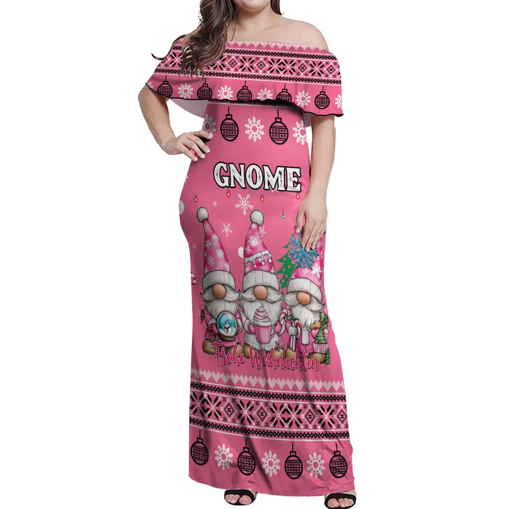 Personalised Germany Christmas Off Shoulder Maxi Dress Cute Pink Gnome Frohe Weihnachten - Wonder Print Shop