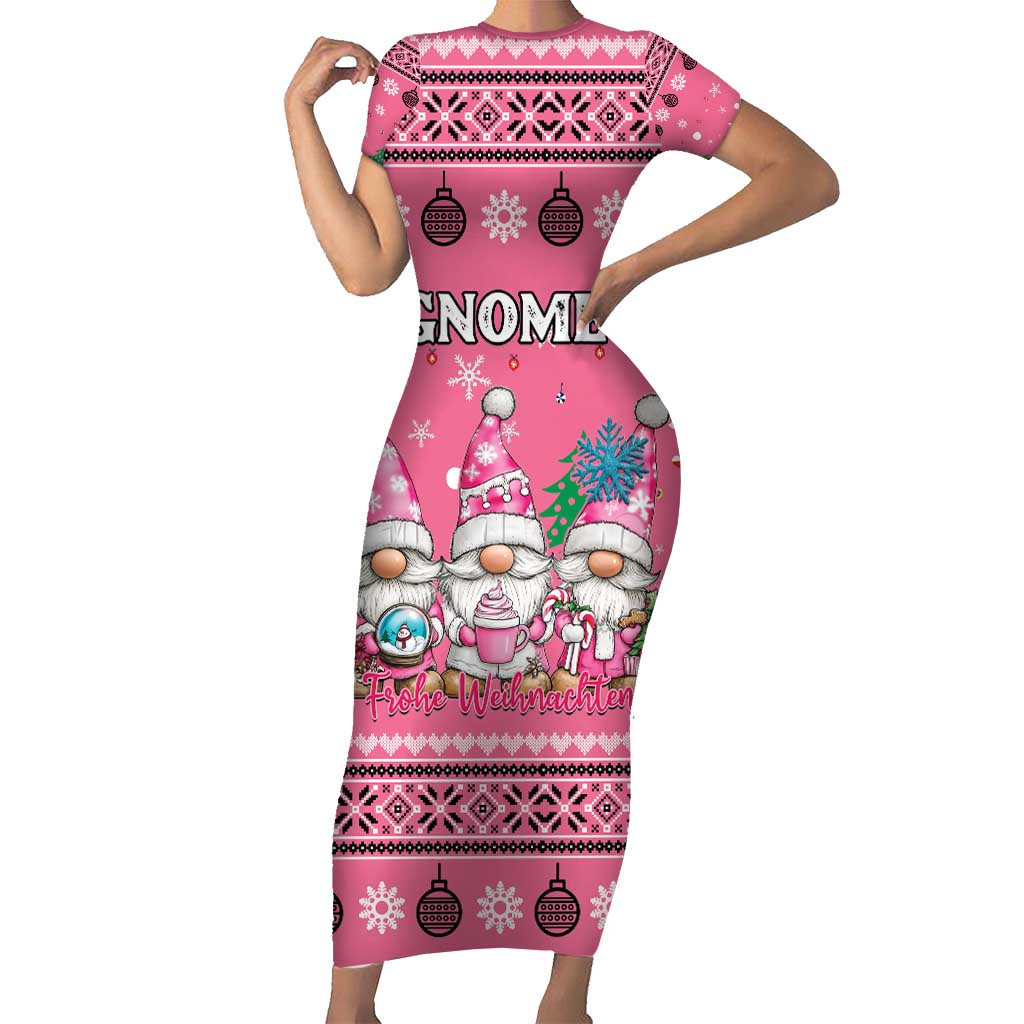 Personalised Germany Christmas Short Sleeve Bodycon Dress Cute Pink Gnome Frohe Weihnachten - Wonder Print Shop