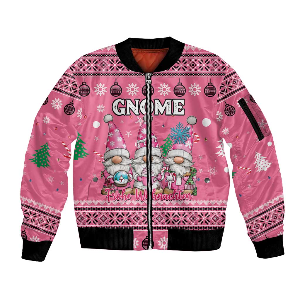 Personalised Germany Christmas Sleeve Zip Bomber Jacket Cute Pink Gnome Frohe Weihnachten - Wonder Print Shop
