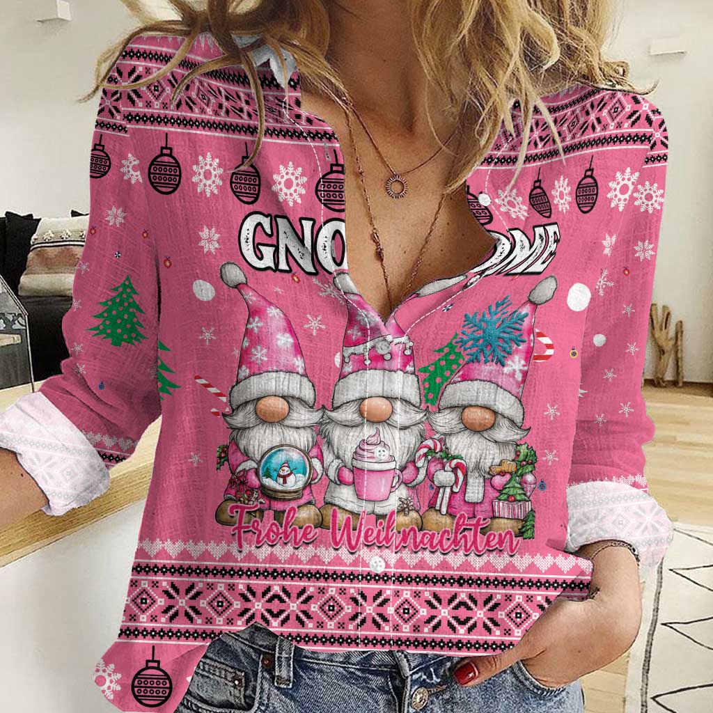 Personalised Germany Christmas Women Casual Shirt Cute Pink Gnome Frohe Weihnachten - Wonder Print Shop