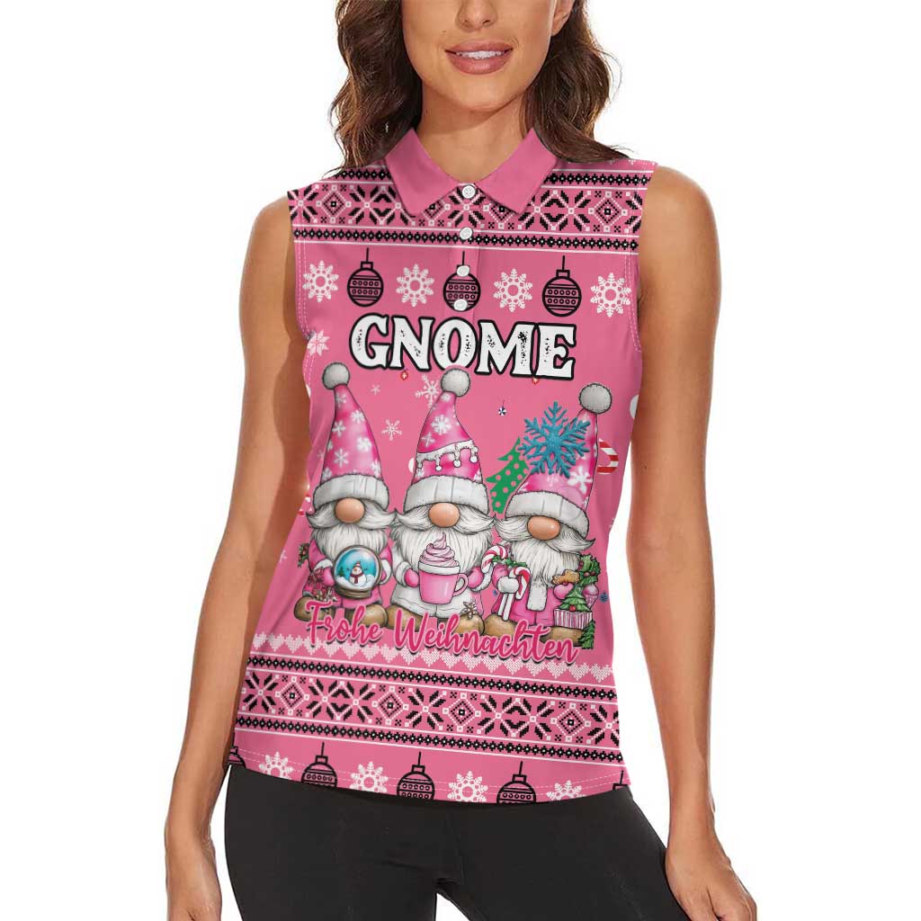 Personalised Germany Christmas Women Sleeveless Polo Shirt Cute Pink Gnome Frohe Weihnachten - Wonder Print Shop