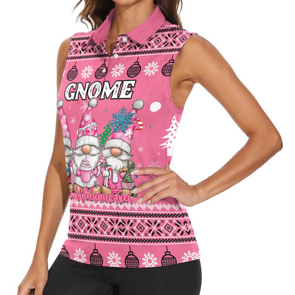 Personalised Germany Christmas Women Sleeveless Polo Shirt Cute Pink Gnome Frohe Weihnachten - Wonder Print Shop