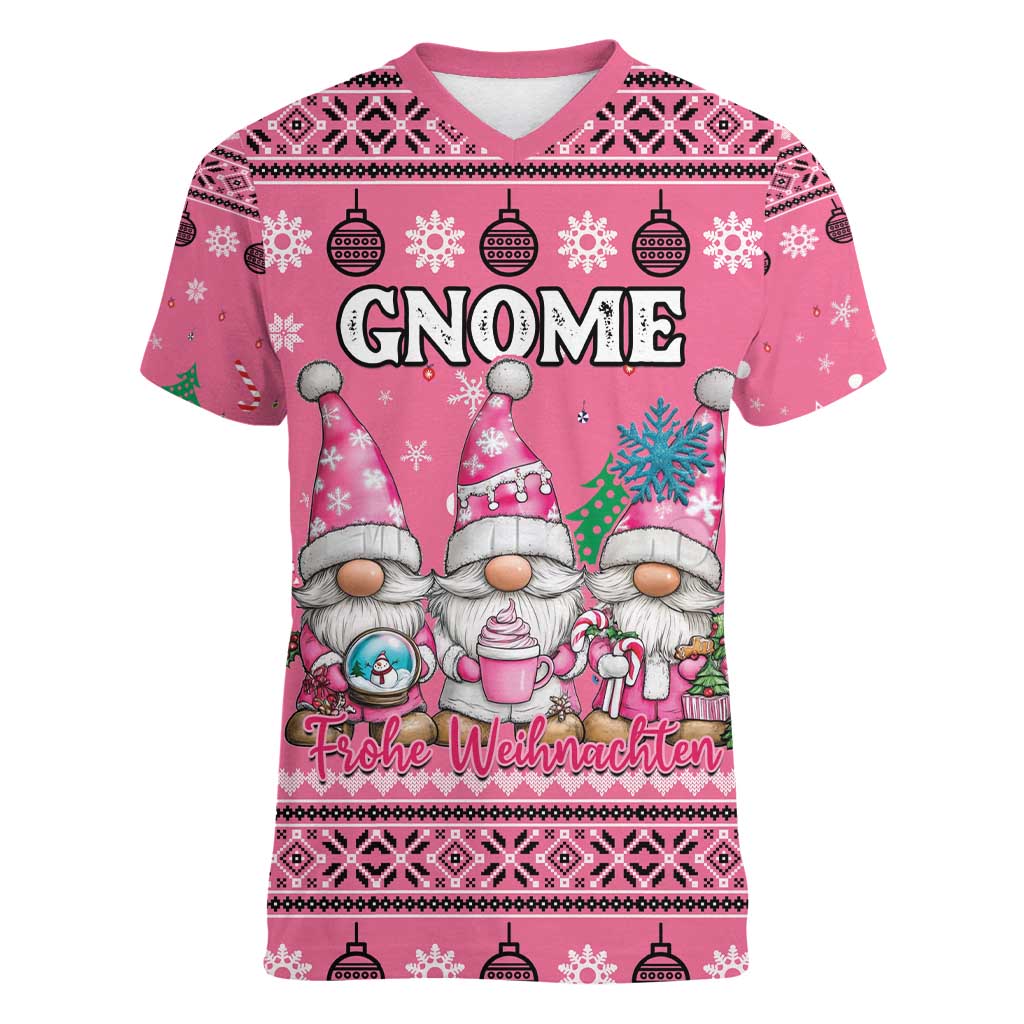 Personalised Germany Christmas Women V-Neck T-Shirt Cute Pink Gnome Frohe Weihnachten - Wonder Print Shop