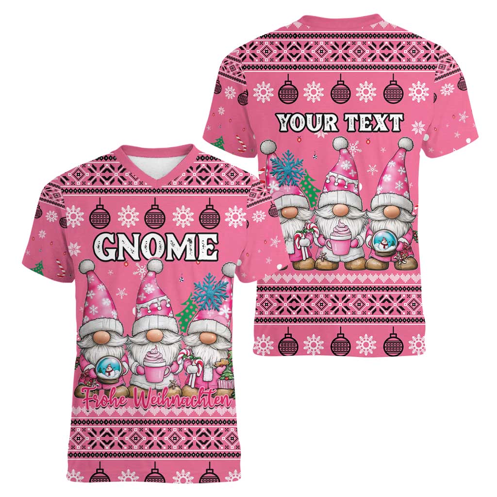 Personalised Germany Christmas Women V-Neck T-Shirt Cute Pink Gnome Frohe Weihnachten - Wonder Print Shop