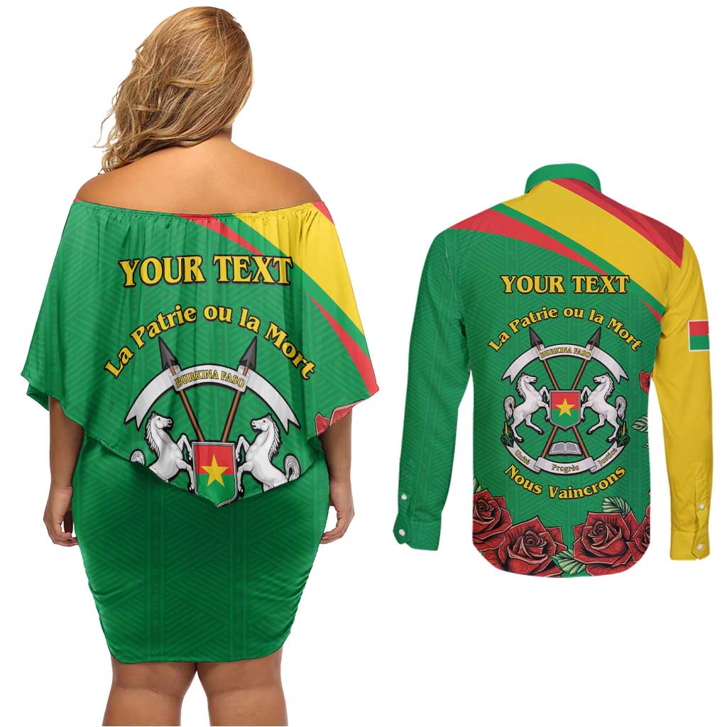 Personalised Burkina Faso Republic Day Couples Matching Off Shoulder Short Dress and Long Sleeve Button Shirt Happy 66th Anniversary with White Stallion - Wonder Print Shop