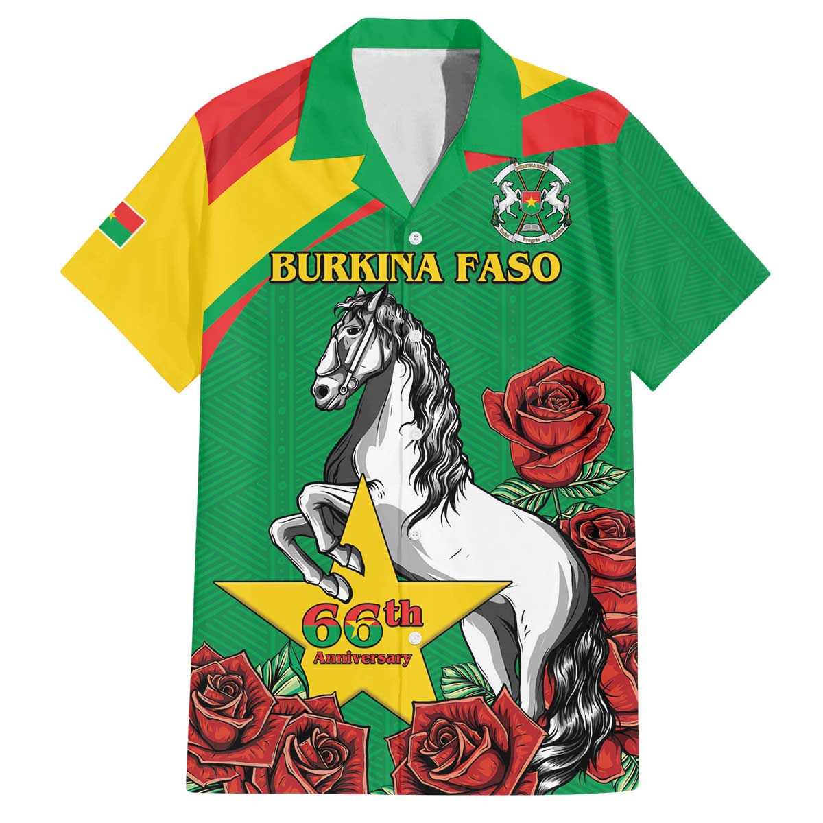 Personalised Burkina Faso Republic Day Family Matching Off The Shoulder Long Sleeve Dress and Hawaiian Shirt Happy 66th Anniversary with White Stallion - Wonder Print Shop