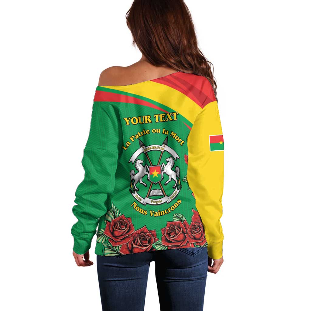 Personalised Burkina Faso Republic Day Off Shoulder Sweater Happy 66th Anniversary with White Stallion - Wonder Print Shop