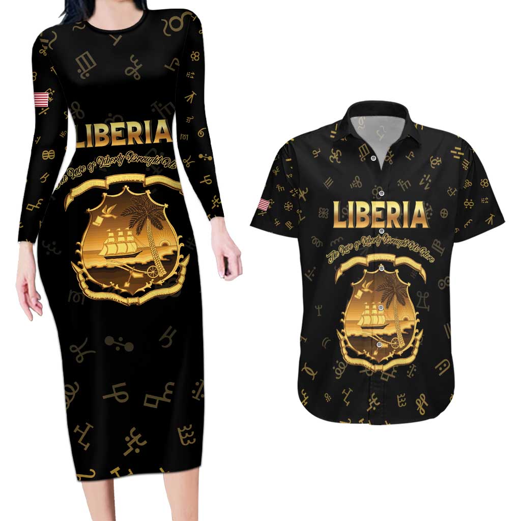 Personalized Liberia Vai Syllabary Heritage Couples Matching Long Sleeve Bodycon Dress and Hawaiian Shirt National Emblem Golden Style - Wonder Print Shop