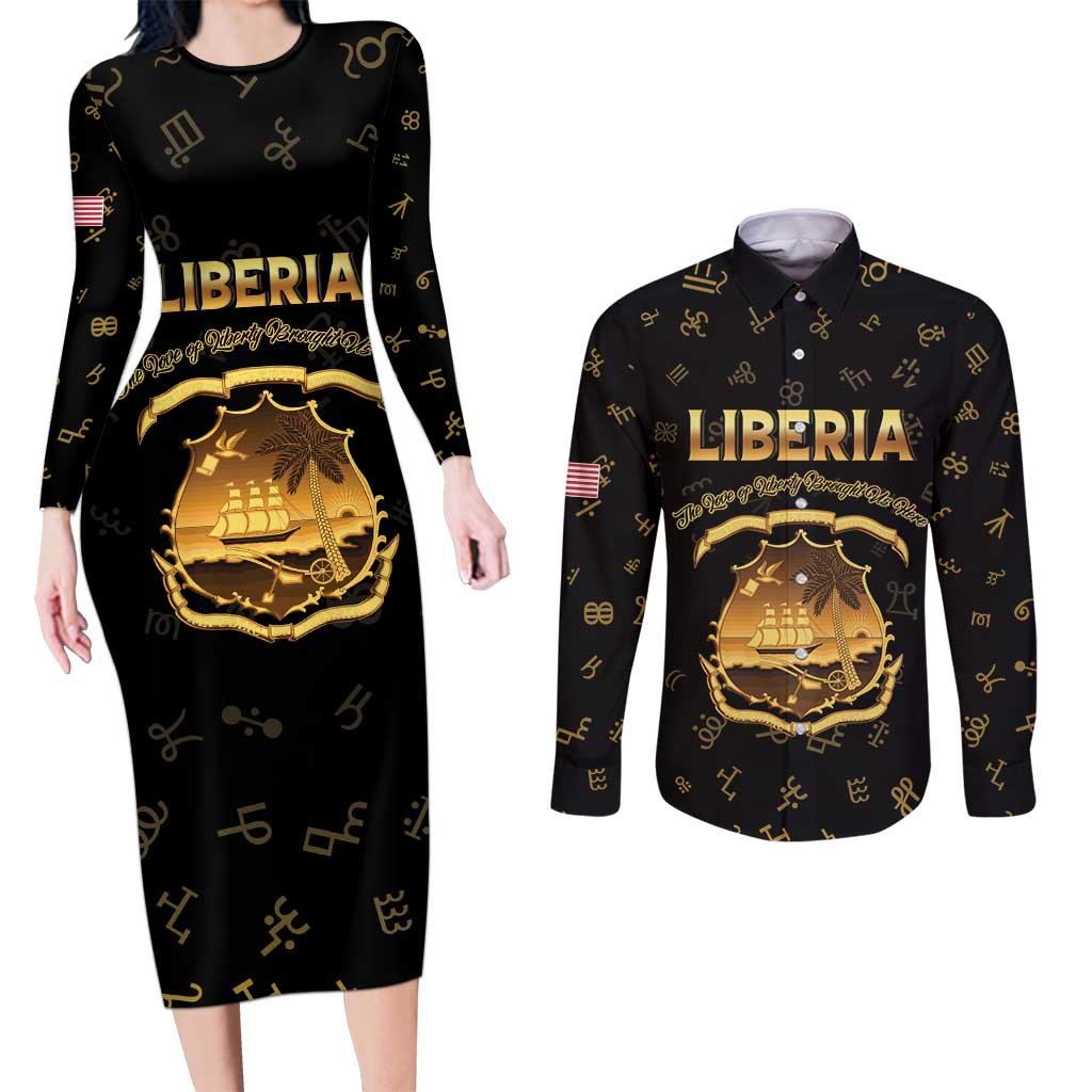 Personalized Liberia Vai Syllabary Heritage Couples Matching Long Sleeve Bodycon Dress and Long Sleeve Button Shirt National Emblem Golden Style - Wonder Print Shop