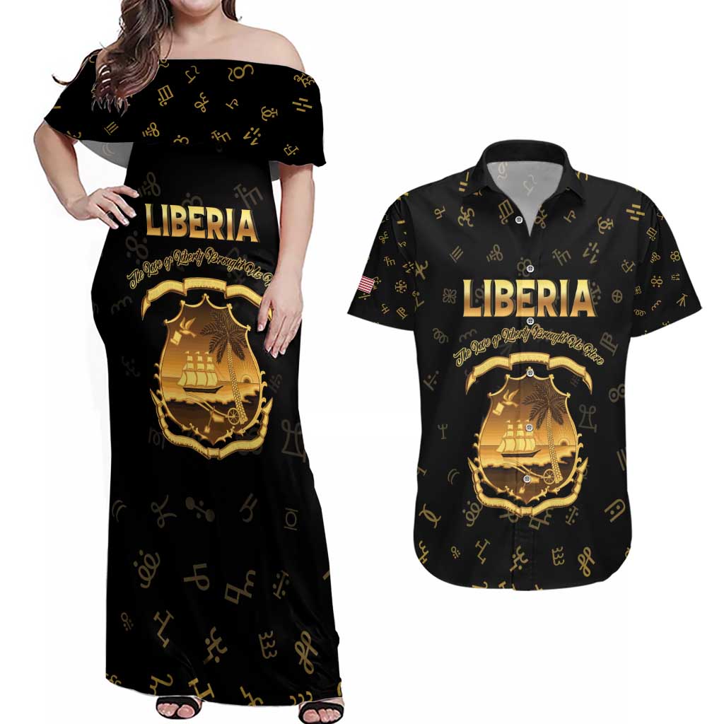 Personalized Liberia Vai Syllabary Heritage Couples Matching Off Shoulder Maxi Dress and Hawaiian Shirt National Emblem Golden Style - Wonder Print Shop