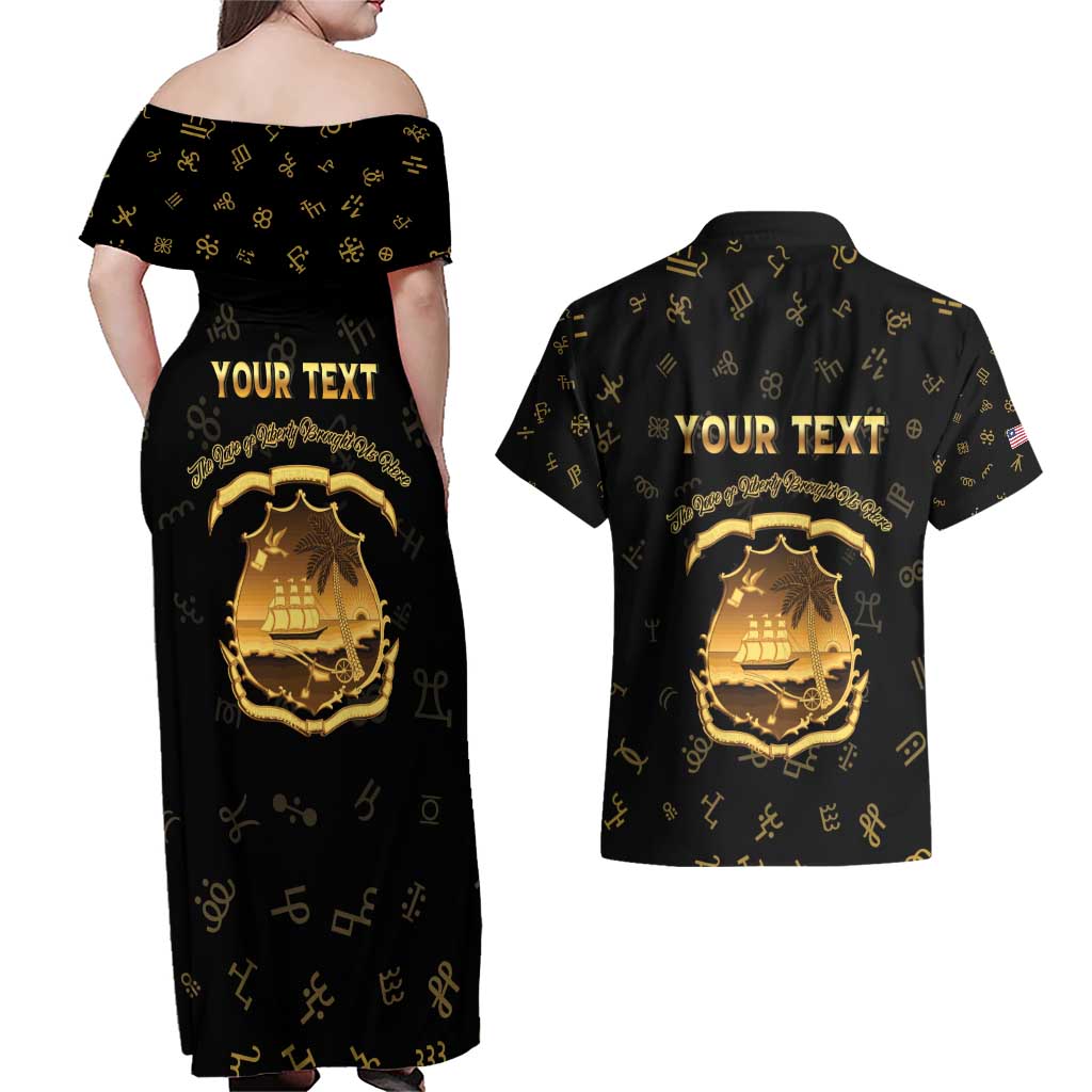 Personalized Liberia Vai Syllabary Heritage Couples Matching Off Shoulder Maxi Dress and Hawaiian Shirt National Emblem Golden Style - Wonder Print Shop