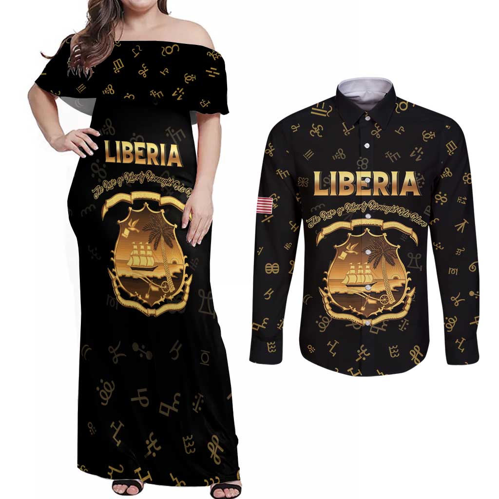 Personalized Liberia Vai Syllabary Heritage Couples Matching Off Shoulder Maxi Dress and Long Sleeve Button Shirt National Emblem Golden Style - Wonder Print Shop